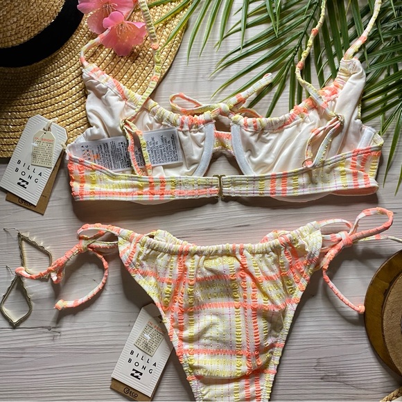 Billabong ☀️ Plaid Pink + Yellow Tropical Underwire Bikini Top | Tie Side Bottom - Picture 9 of 16